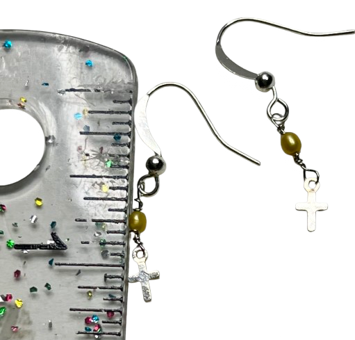 Cross Dangling Hook Rice Seed Bead Earrings nickel free
