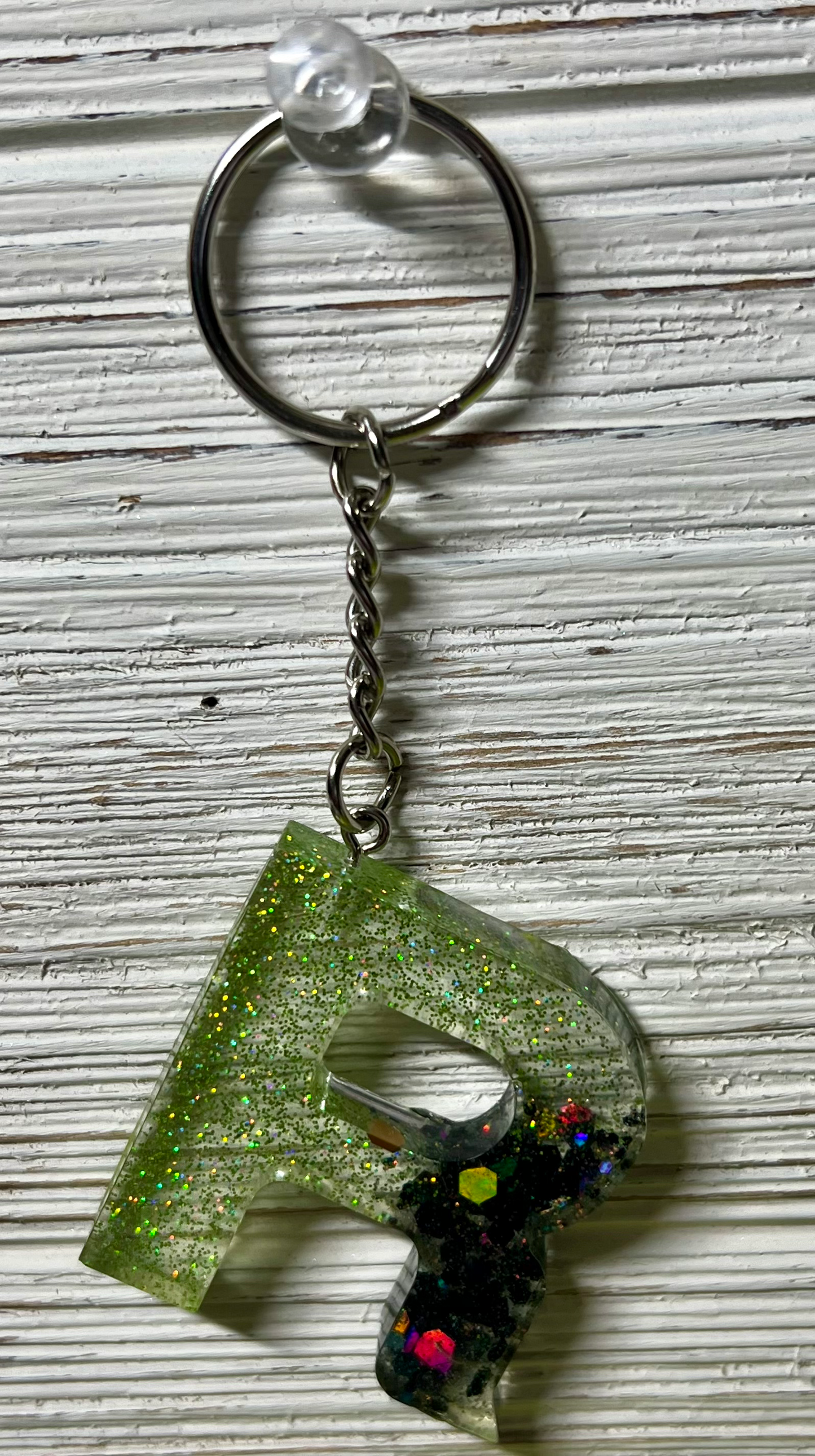 Handmade Resin Letter Keychain 1 1/2 tall Green and Black Rhinestones