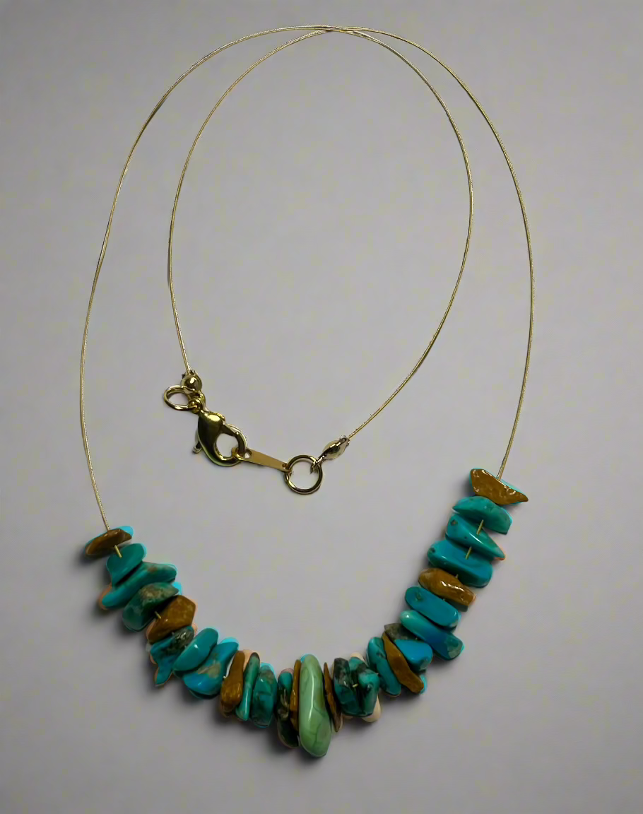 Red Jasper, Turquoise Chip Necklace 17in Gold Plated