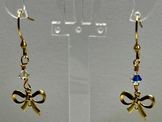 Dangling Bow with CZ and a SW Crystal Gold Plated Earrings