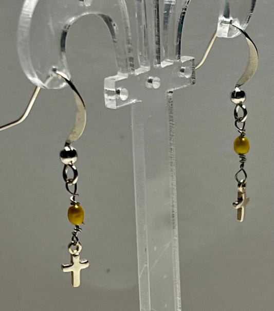 Cross Dangling Hook Rice Seed Bead Earrings nickel free