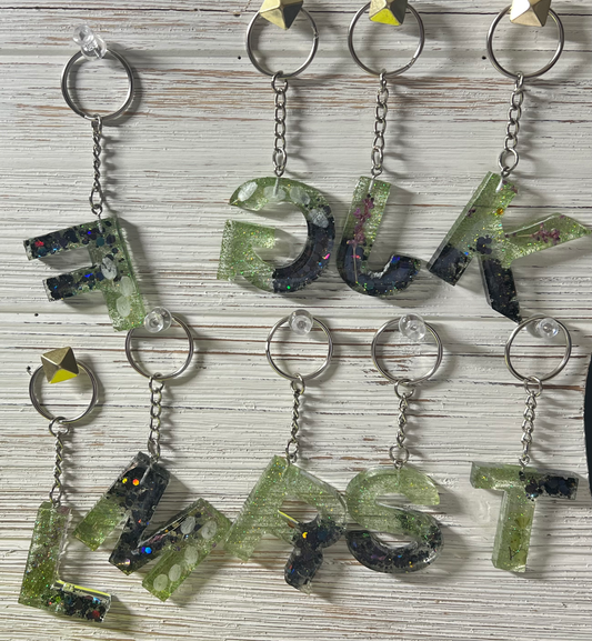 Handmade Resin Letter Keychain 1 1/2 tall Green and Black Rhinestones