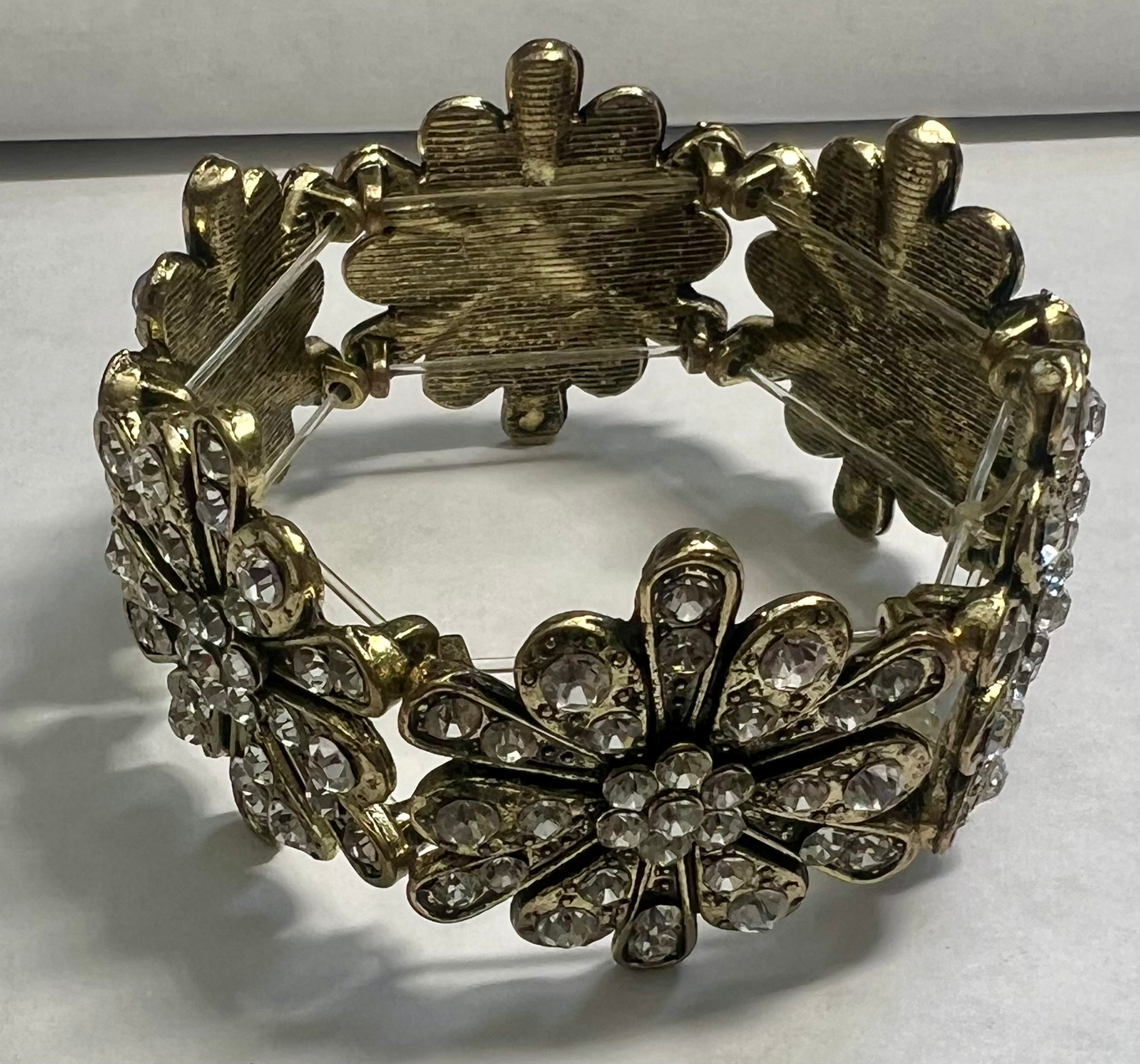 Antique Gold CZ Clear Glass Bracelet 7-8in