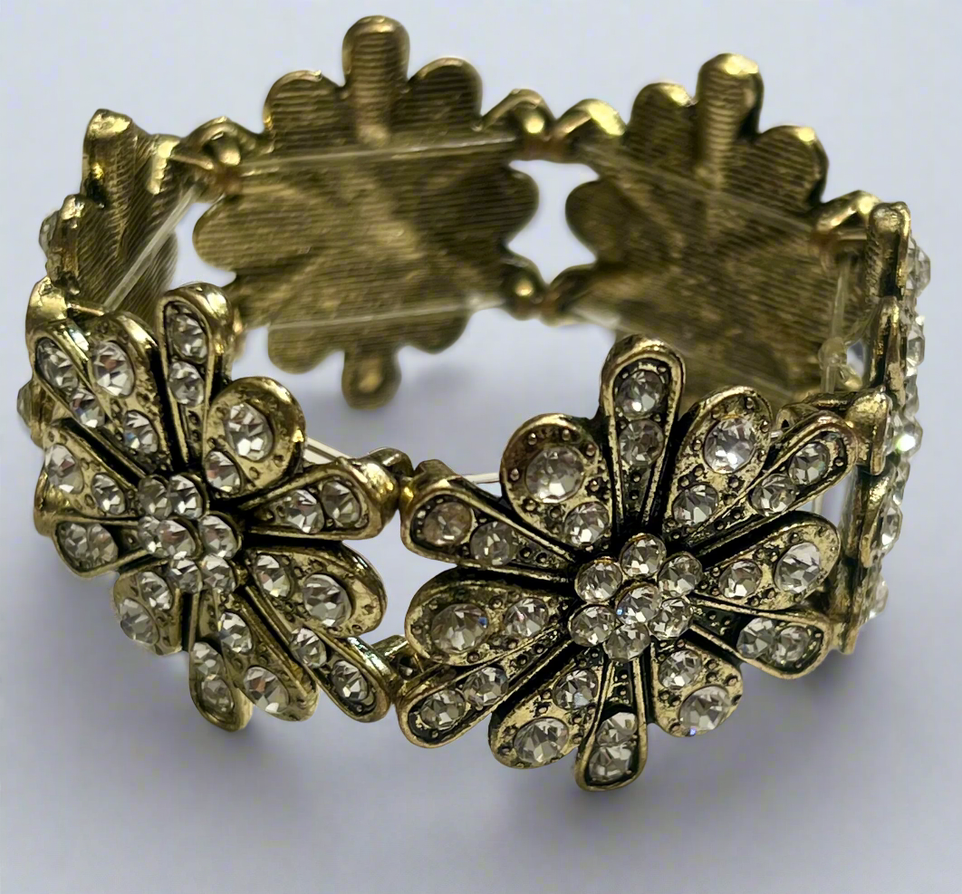 Antique Gold CZ Clear Glass Bracelet 7-8in